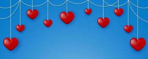 Valentine's Day banner with 3d red hearts on a blue sky background. vector