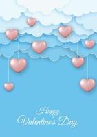 Valentine's Day greeting card. Paper clouds and pink 3d hearts on blue background. vector