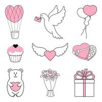 Happy Valentine's Day. Set of 9 nice hand drawn elements painted in pink. vector