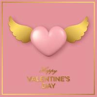 Happy Valentine's Day greeting card. Pink 3d heart with golden wings on pink background. vector