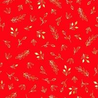 Bright seamless pattern with gold flowers, berries and leaves on a red background vector