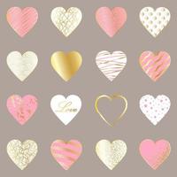 Set of 16 elegant gold, pink and white hearts on a light gray background vector