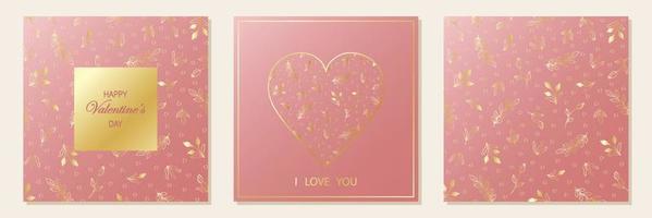 Happy Valentine's Day. Set of greeting cards. Pink square background with hearts and gold floral ornament. vector