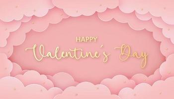 Happy Valentine's Day greeting card in paper cut style. Gold beads and paper clouds on pink background. vector