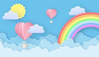 Beautiful hot air balloons flying over fluffy clouds in the sky with sun and rainbow. Greeting card for Valentine's Day. vector