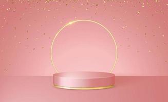 Happy Valentine's Day 3d scene with pink and gold podium platform, circle and confetti. vector