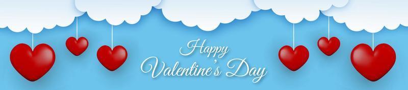 Happy Valentine's Day horizontal banner with clouds and red 3d hearts on a blue background. vector