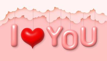 contento San Valentín día tarjeta. 3d texto y grande rojo corazón en rosado cielo antecedentes. vector