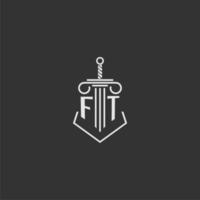 FT initial monogram law firm with sword and pillar logo design vector