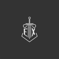 EX initial monogram law firm with sword and pillar logo design vector