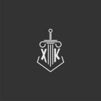 XK initial monogram law firm with sword and pillar logo design vector