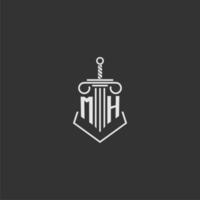 MH initial monogram law firm with sword and pillar logo design vector