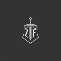 ZF initial monogram law firm with sword and pillar logo design vector