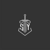 SY initial monogram law firm with sword and pillar logo design vector