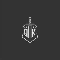 QK initial monogram law firm with sword and pillar logo design vector