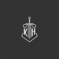 KH initial monogram law firm with sword and pillar logo design vector