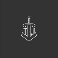 IJ initial monogram law firm with sword and pillar logo design vector