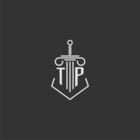 TP initial monogram law firm with sword and pillar logo design vector