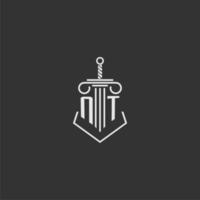 NT initial monogram law firm with sword and pillar logo design vector