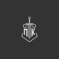 MK initial monogram law firm with sword and pillar logo design vector