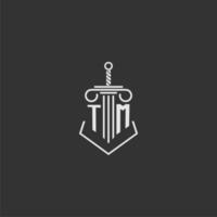 TM initial monogram law firm with sword and pillar logo design vector