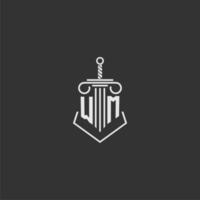 WM initial monogram law firm with sword and pillar logo design vector