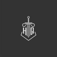 HQ initial monogram law firm with sword and pillar logo design vector