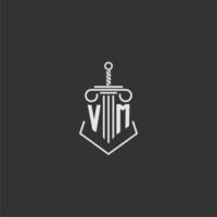 VM initial monogram law firm with sword and pillar logo design vector