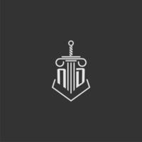 ND initial monogram law firm with sword and pillar logo design vector
