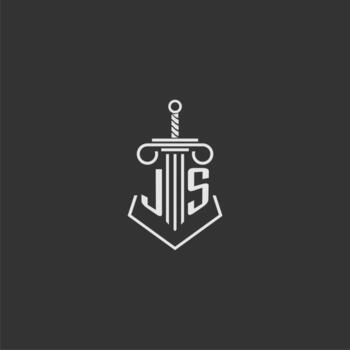 JS initial monogram law firm with sword and pillar logo design vector