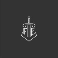 FE initial monogram law firm with sword and pillar logo design vector