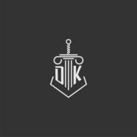 DK initial monogram law firm with sword and pillar logo design vector