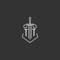 TT initial monogram law firm with sword and pillar logo design vector