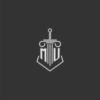 MU initial monogram law firm with sword and pillar logo design vector