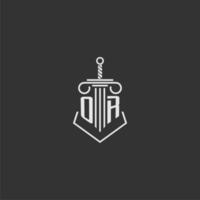 OR initial monogram law firm with sword and pillar logo design vector