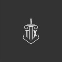 TX initial monogram law firm with sword and pillar logo design vector