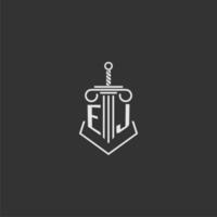 EJ initial monogram law firm with sword and pillar logo design vector