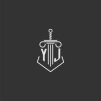 YJ initial monogram law firm with sword and pillar logo design vector