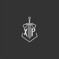 XP initial monogram law firm with sword and pillar logo design vector