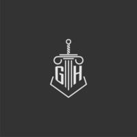 GH initial monogram law firm with sword and pillar logo design vector