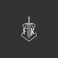 FK initial monogram law firm with sword and pillar logo design vector