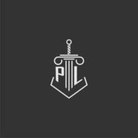 PL initial monogram law firm with sword and pillar logo design vector