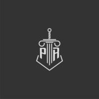 PR initial monogram law firm with sword and pillar logo design vector