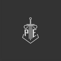 PE initial monogram law firm with sword and pillar logo design vector