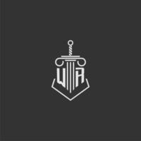 WR initial monogram law firm with sword and pillar logo design vector