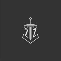 ZZ initial monogram law firm with sword and pillar logo design vector