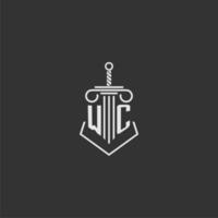 WC initial monogram law firm with sword and pillar logo design vector