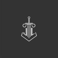 JL initial monogram law firm with sword and pillar logo design vector