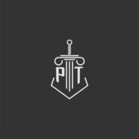 PT initial monogram law firm with sword and pillar logo design vector