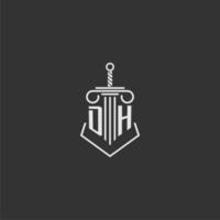 DH initial monogram law firm with sword and pillar logo design vector